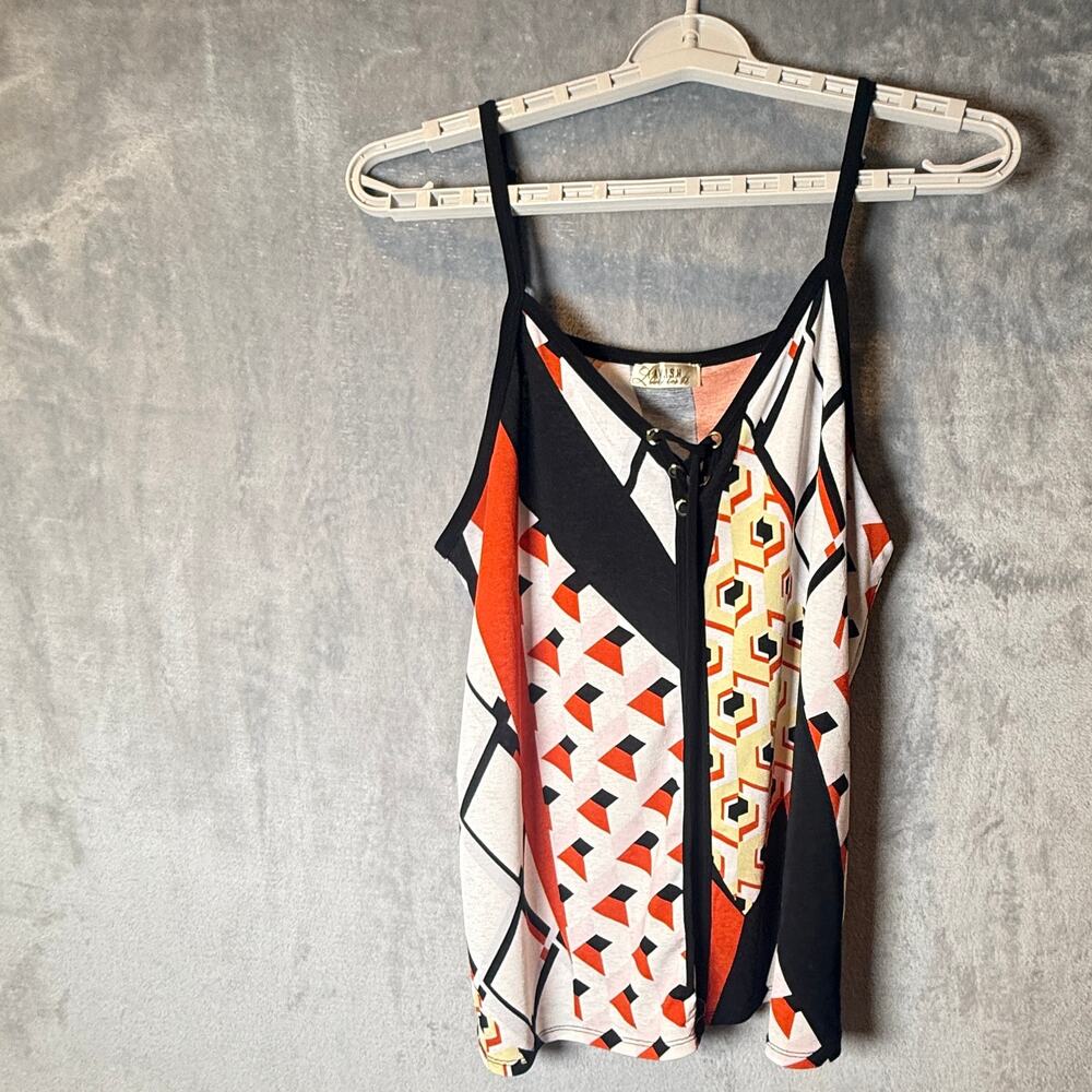 Lavish Women’s Large Geometric Tunic Top Lace Up Strappy Black Orange
